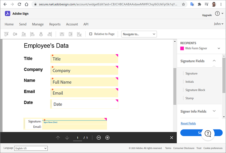 Screenshot of the Acrobat Sign form authoring environment with form fields added