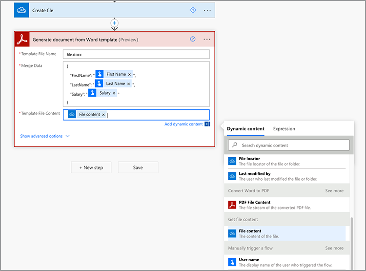 Generate document from Word template action in Power Automate with all values completed