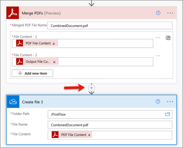 Plus symbol between two actions to add a new action