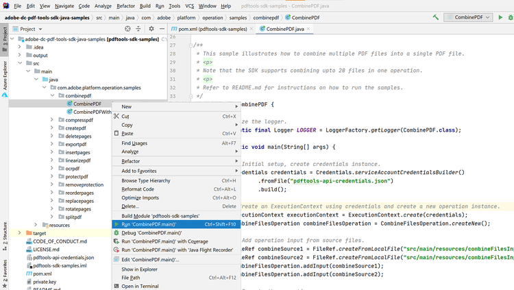 Menu to run the CombinePDF sample screenshot