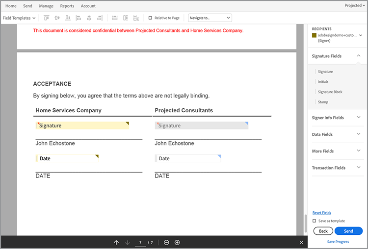 Screenshot of signature fields