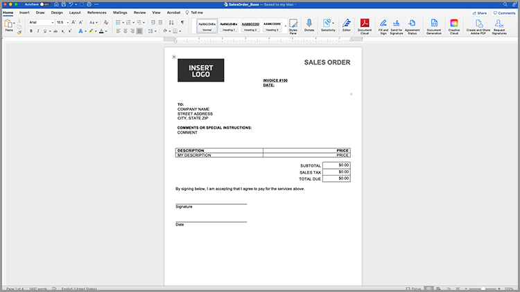 Screenshot of sample sales order document