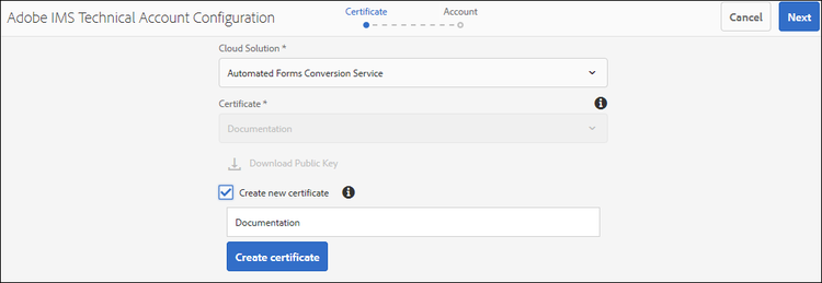 The Adobe IMS Technical Account Configuration page