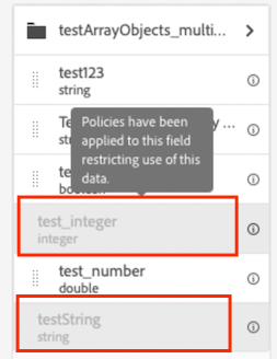 Greyed out components and the Policies message indicating policies have been applied to this field restricting use of the data