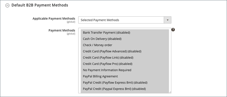 B2B configuration - default payment method settings