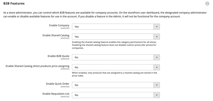 B2B Features with companies and shared catalogs enabled