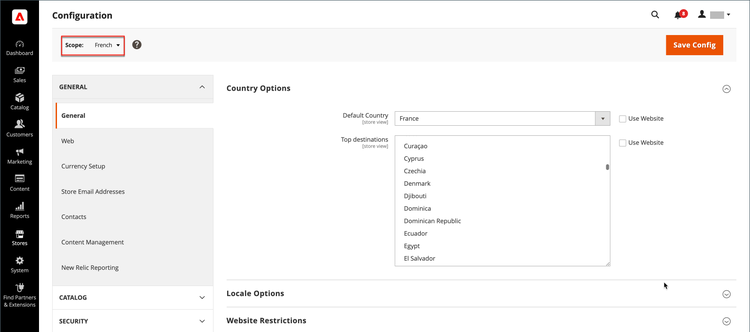 Setting the Country options of the French store view