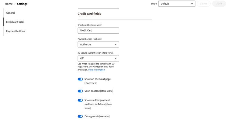 Credit card field settings