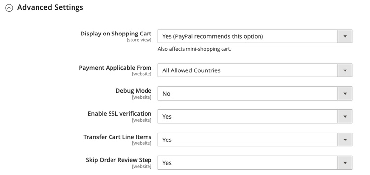 PayPal Express Checkout Advanced Settings