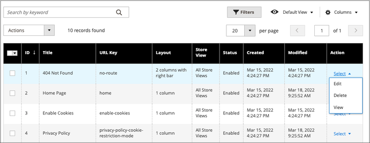 Single page actions