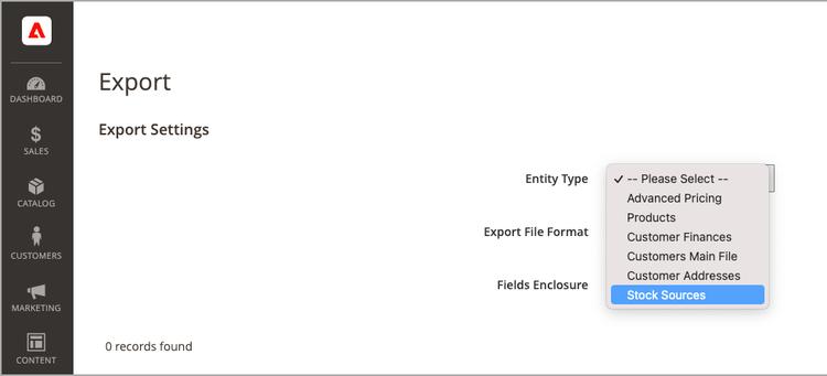 Export stock sources for product data and sources