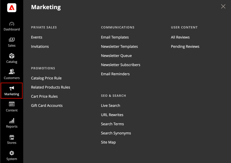 Commerce Admin - Marketing menu