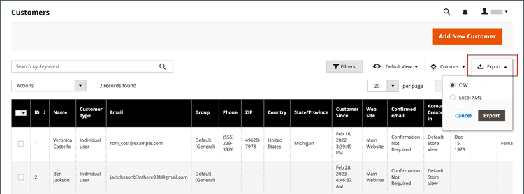 Orders list - export options