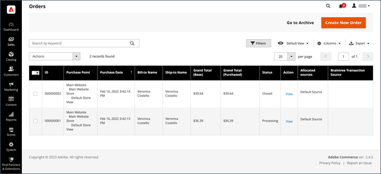 Orders page - grid display