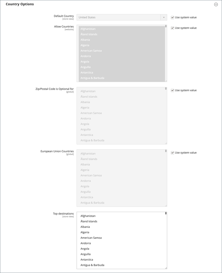 General configuration - country settings