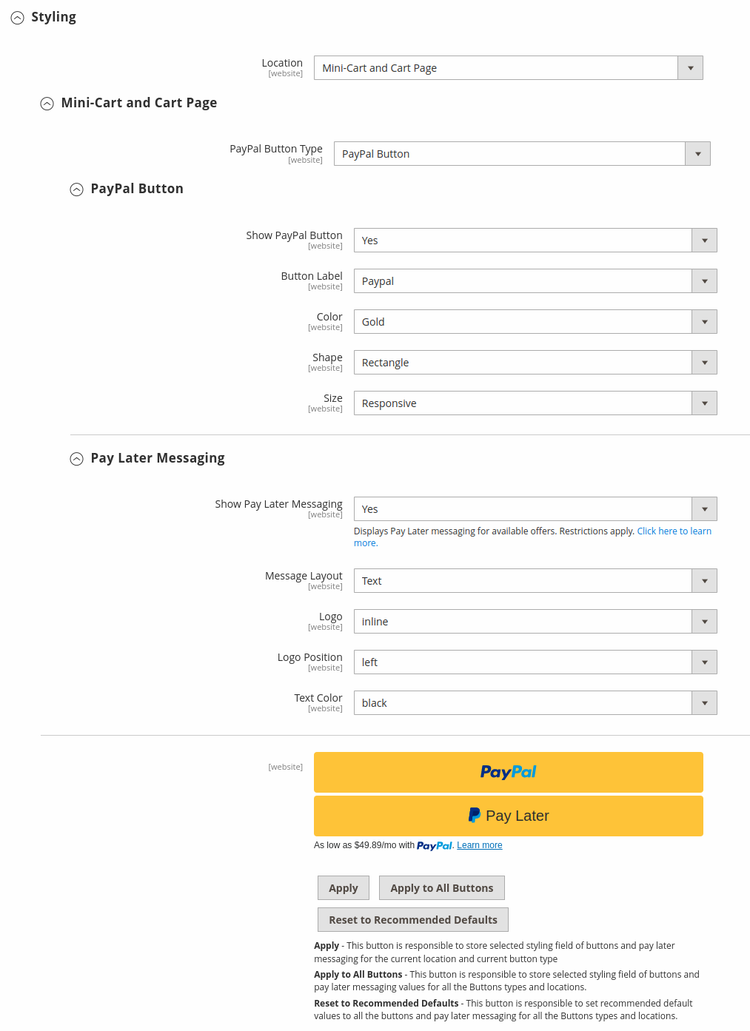 PayPal Styling settings