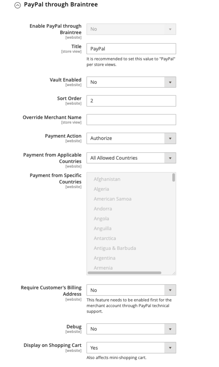 PayPal through Braintree Settings