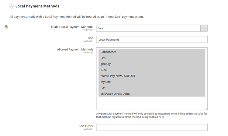 Local Payment Methods settings