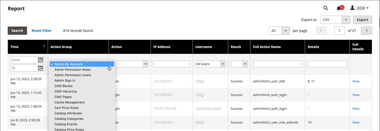 Action log report filters