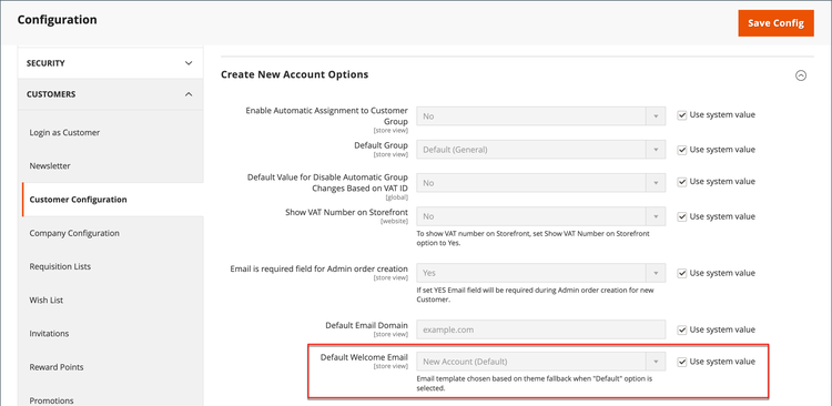 Customers configuration - default welcome email template