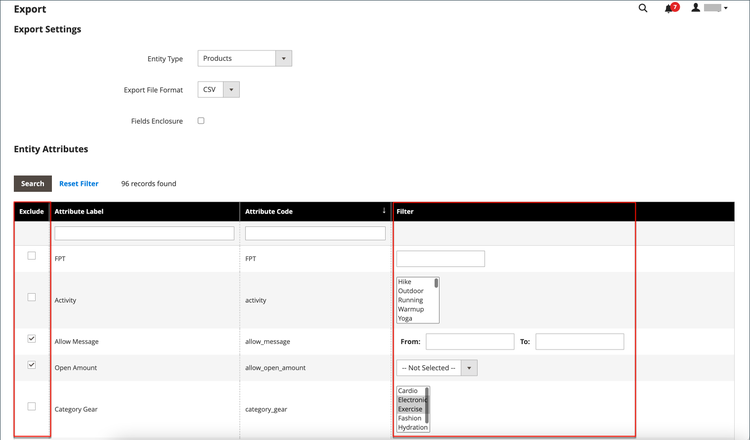 Data export criteria