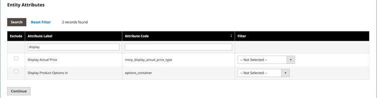 Data export filtered entity attributes