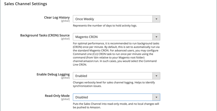 Sales Channel configuration settings