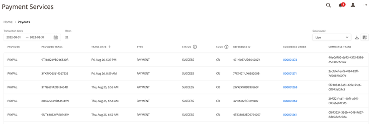 Payout transactions in the Admin