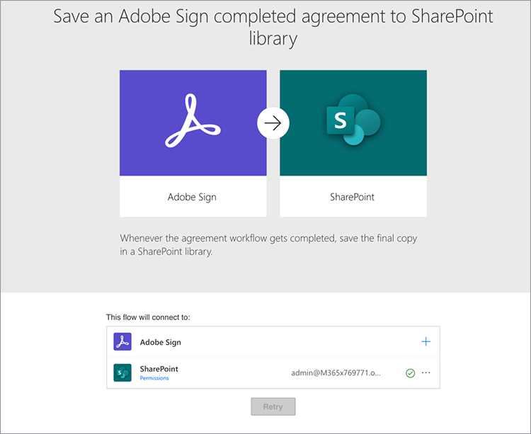 Screenshot of Acrobat Sign and SharePoint flow connection