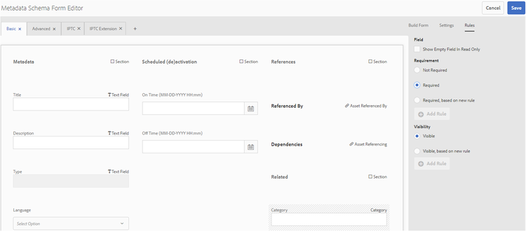 Add mandatory field to metadata form by selecting Required in Rules tab in Metadata Schema Form Editor