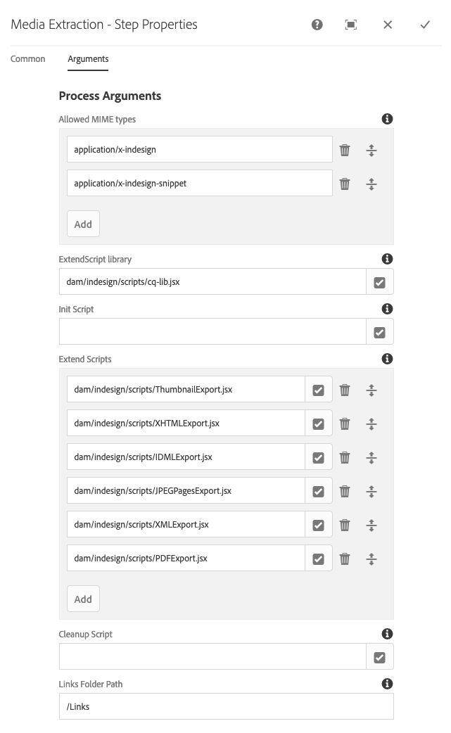 The ExtendScript paths in the arguments of Media Extraction process