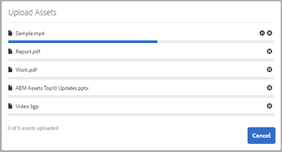 Upload progress dialog shows status of successfully uploaded files and files that fail to upload