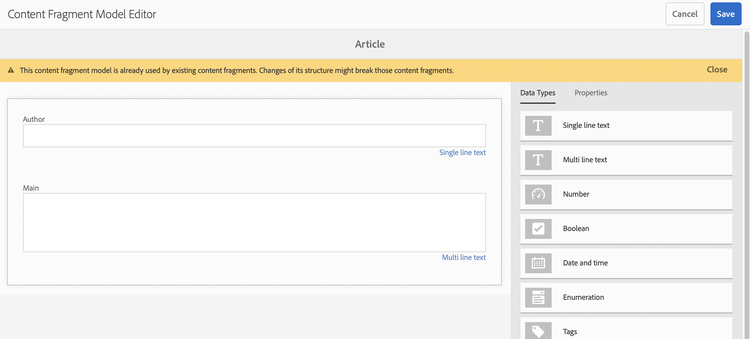 Content Fragment Model Editor