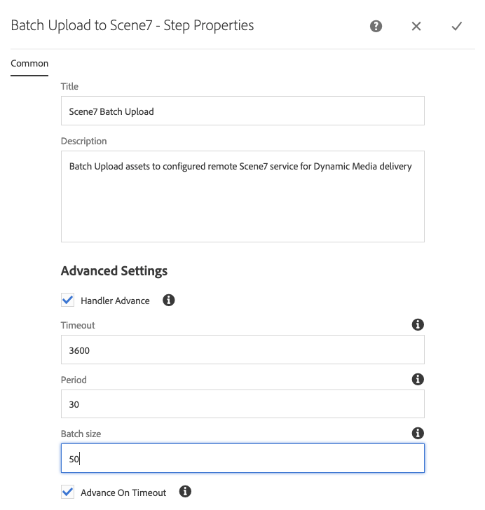 Screenshot of the "Batch Upload to Scene7 - Step Properties" page