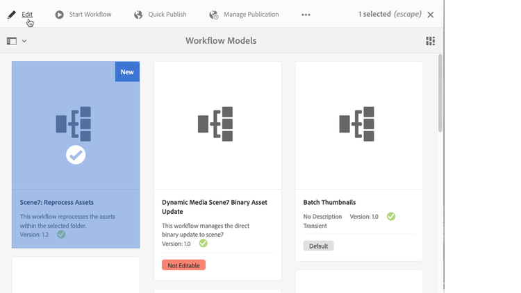 Screenshot of the Workflow Models page with "Dynamic Media Reprocess" workflow selected in the Card view of Experience Manager