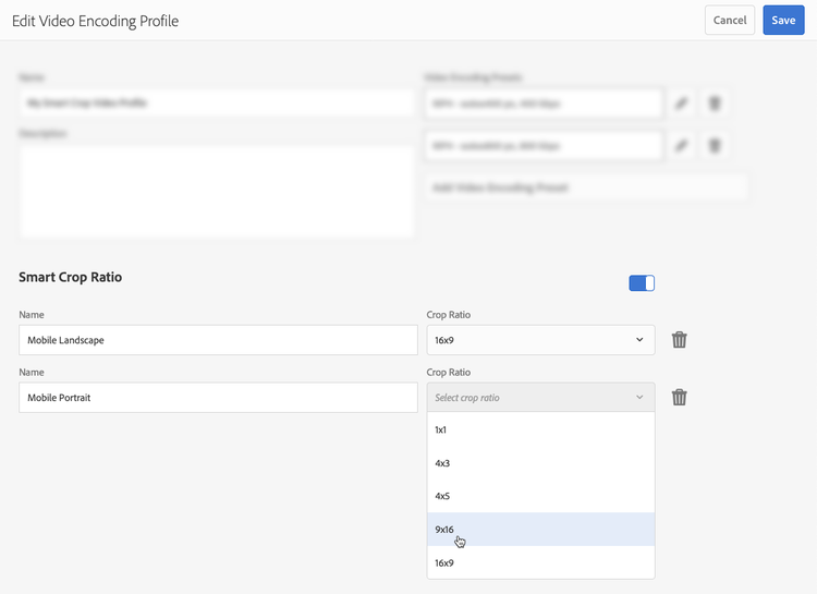 Edit a video encoding profile with smart crop