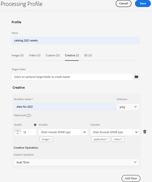 Creative tab in Processing Profile