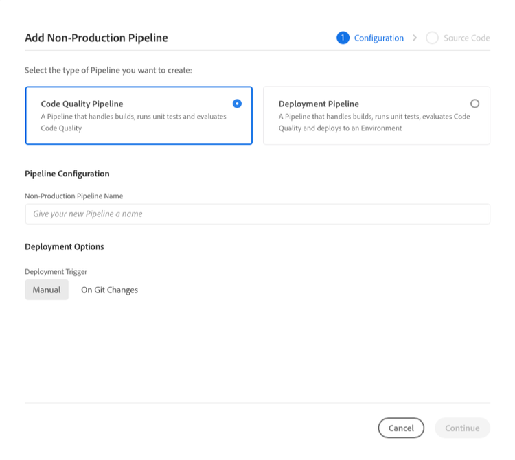 Add Non-Production pipeline dialog