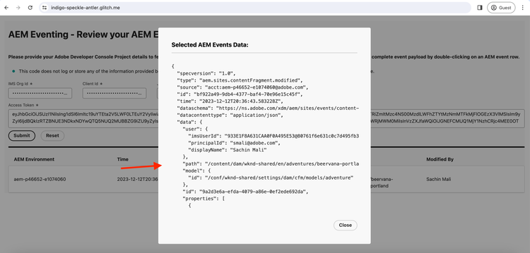 Complete AEM Event Payload