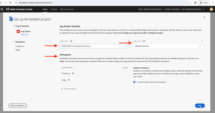 Create project in Adobe Developer Console