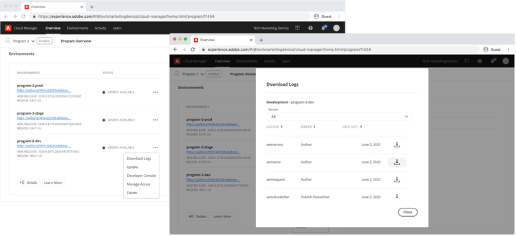 Cloud Manager - Download Logs