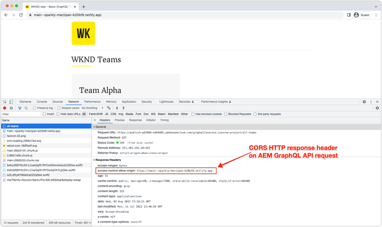 CORS Response Header AEM GraphQL API