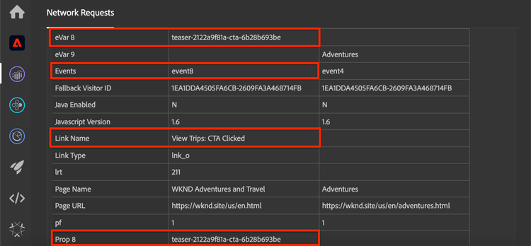 Analytics events, evar, and prop tracked on click