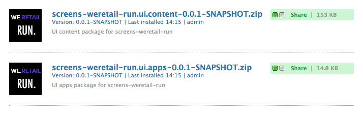 Screens We.Retail Run Ui.Apps and Ui.Content packages installed via CRX Package Manager