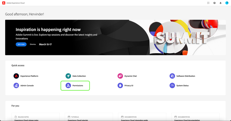 Image showing the Permissions product being selected in Adobe Experience Cloud