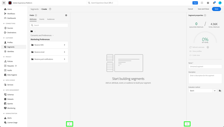 The segment builder canvas with the left and right rail disclosure widgets highlighted.