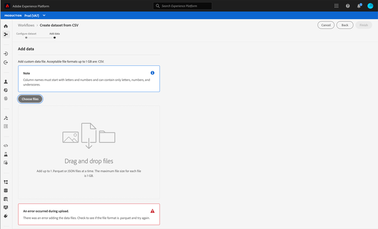 A file drag-and-drop zone with an error message and the choose files button in focus.