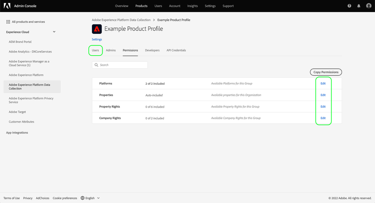 Image showing the permissions tab for a product profile Admin Console