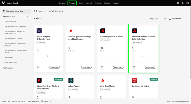 Image showing the Data Collection product card in Admin Console