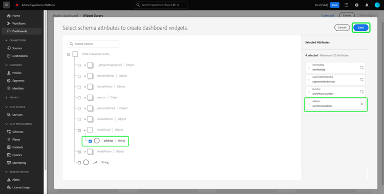 The dialog to select schema attributes with attributes and Save highlighted.